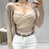 Women Long Sleeve Shirt Splicing Sling Vest Women's Long Sleeve Jacket Cardigan