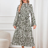 Jungle Print Maxi Dress Stand Collar Thin Band Dress Leopard Print