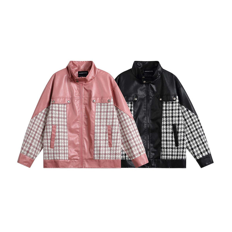 Unisex Jacket Autumn Fashion Plaid Colorblock Leather Coat