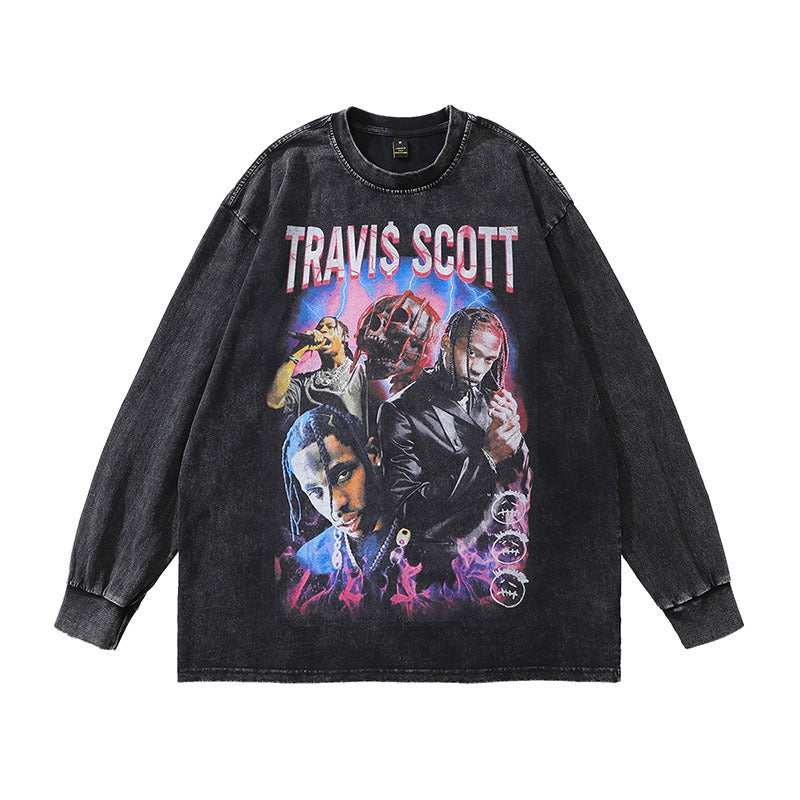 Men Long Sleeve Shirt Vintage Hip Hop Portrait Printing Worn Looking Washed-out Long Sleeve T-shirt Men
