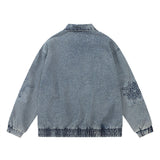 Men Denim Jacket Men's Loose Autumn and Winter Washed Distressed Jacket