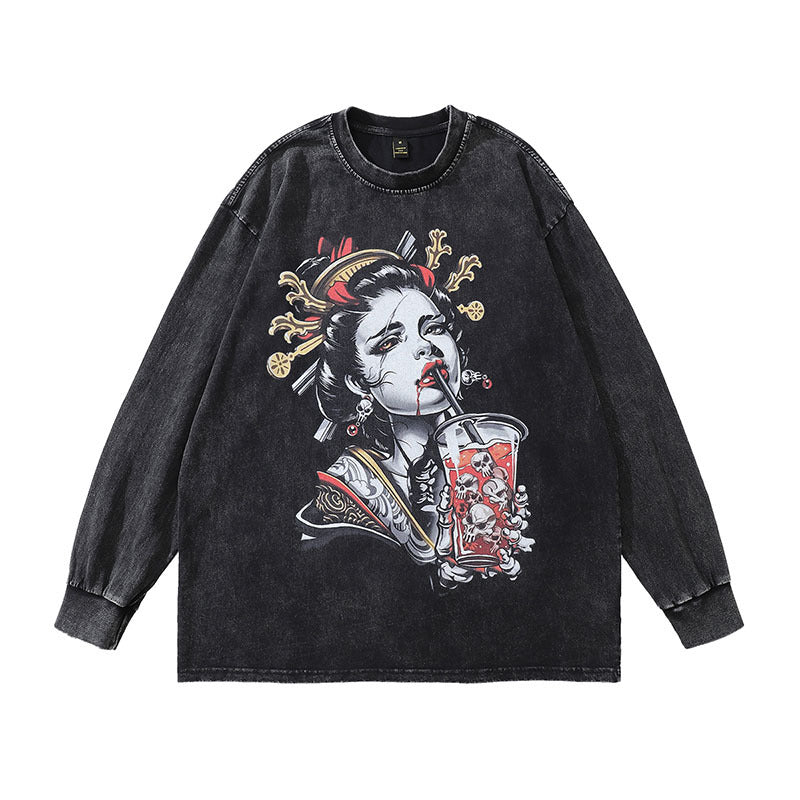Men Long Sleeve Shirt Printed Vintage Distressed Long Sleeve T-shirt for Men and Women