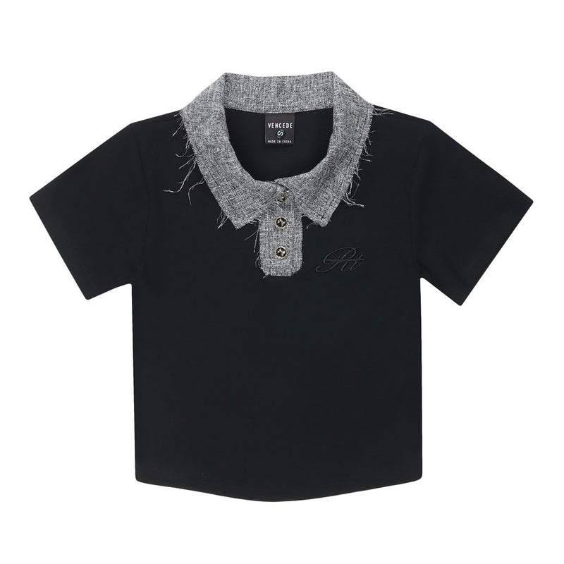 Women T-shirt Polo Collar Short T-shirt Women's Midriff-Baring Short Sleeve Top