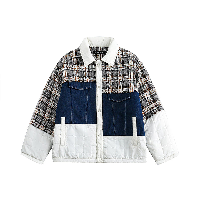 Unisex Jacket Winter Plaid Stitching Edging Jacket for Women