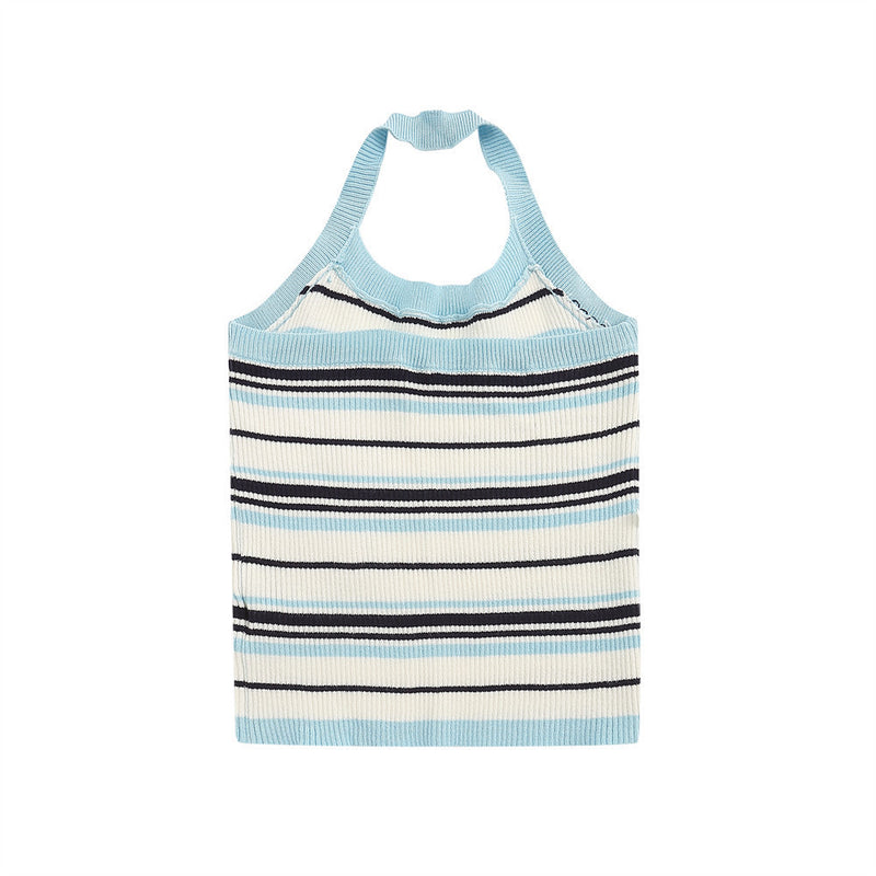 Women Vest Knitted Striped Heart-Hanging Girl Summer Casual Contrast Color Short