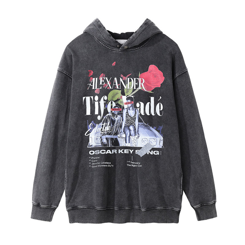 Men Hoodie Hip Hop Trend Rose Character Printed Hoodie