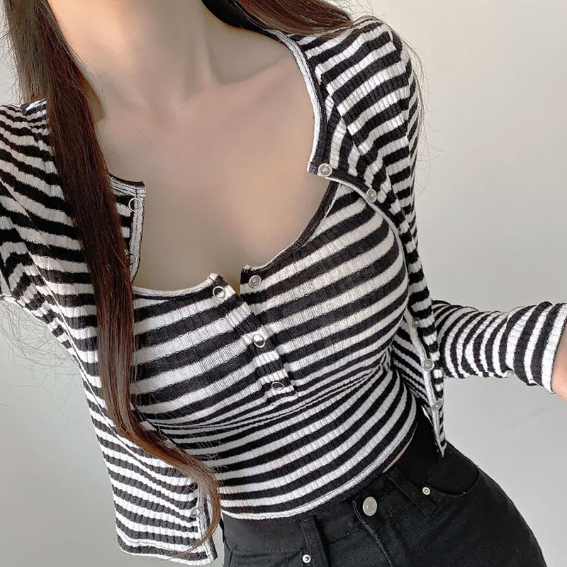 Women Long Sleeve Shirt Black and White Striped Camisole Small Cardigan Coat