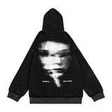 Men Fleece Lined Hoodie Portrait Printing Hooded Cardigan Sweater Men's Washed Distressed Coat