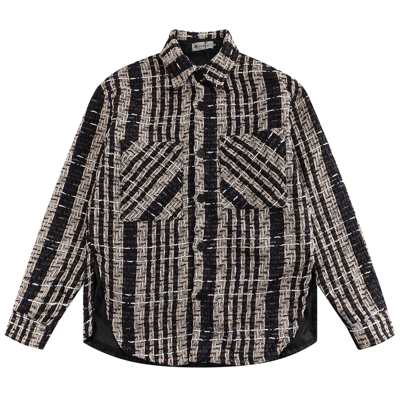Men Long Sleeved T Shirt Stripe Thickening Shirt Coarse Flower Color-Contrast Check Loose Shirt Coat
