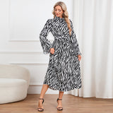 Jungle Print Maxi Dress Stand Collar Thin Band Dress Leopard Print
