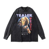 Men Long Sleeve Shirt Vintage Portrait Printing Long Sleeve T-shirt Washed and Worn Men and Women Autumn