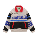 Men Cotton Mixed Jacket Coat Racing Suit Men's Winter Cotton Padded Stitching Embroidery Letters Polo Collar Jacket