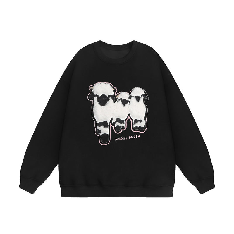 Men Hoodie Flocking Embroidered Lamb Animal Loose Sweater