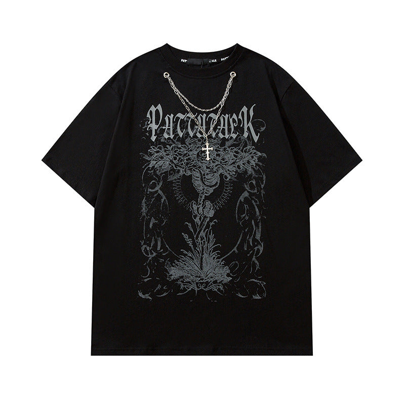 Men T Shirt Hip Hop Necklace Dark Short-Sleeved T-shirt Men and Women Loose Couple