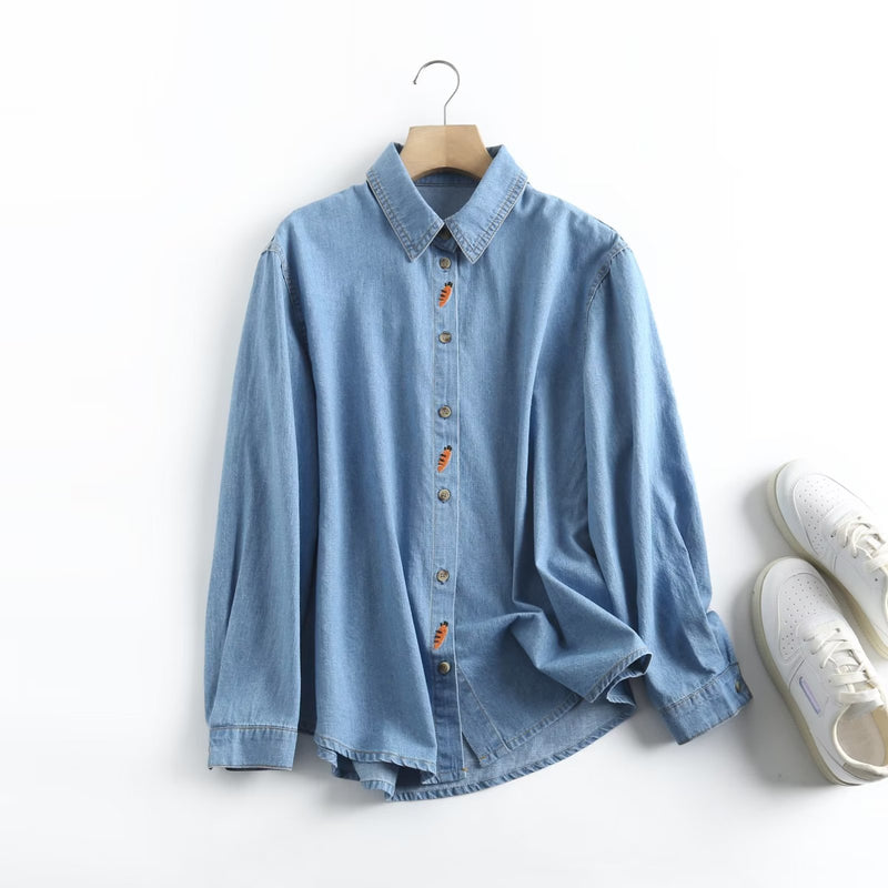 Women T-Shirt Spring/Summer Denim Shirt Solid Color Loose Casual Long Sleeves