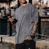 Men T Shirt Solid Color Summer Loose Gray Casual Collarless