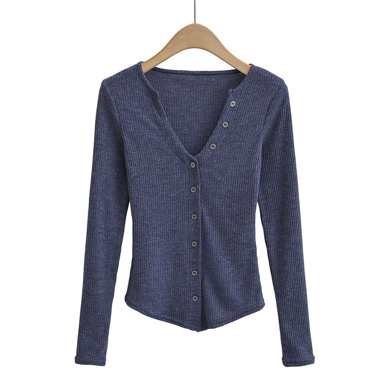 Women T-Shirt Top Women Autumn and Winter Undershirt Short V-neck Knitted