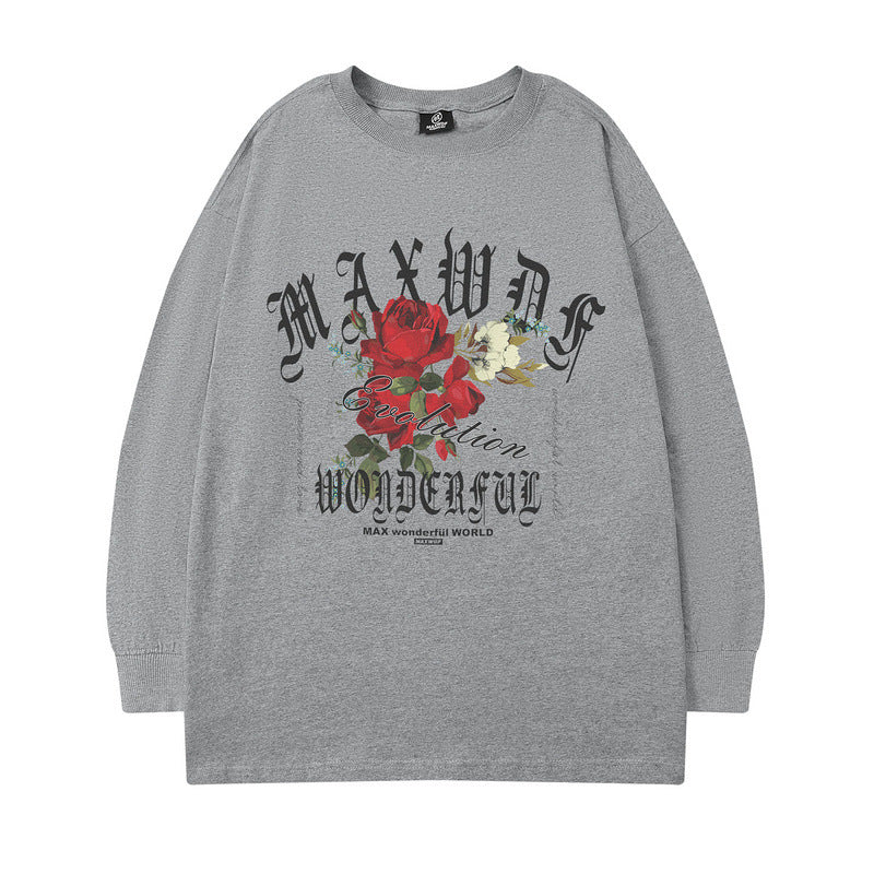 Men Long Sleeve Shirt T-shirt Men's and Women's Autumn and Winter Rose Letter Print Loose Design