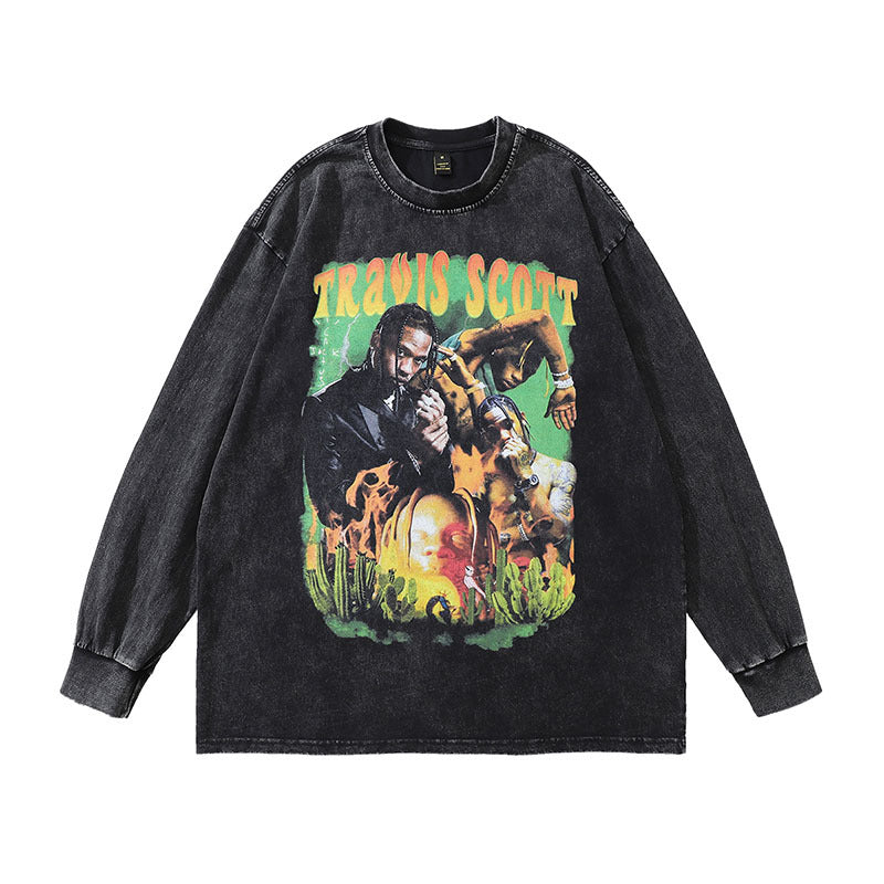 Men Long Sleeve Shirt Retro Washed Vintage Long Sleeve T-shirt Men and Women Vintage Street