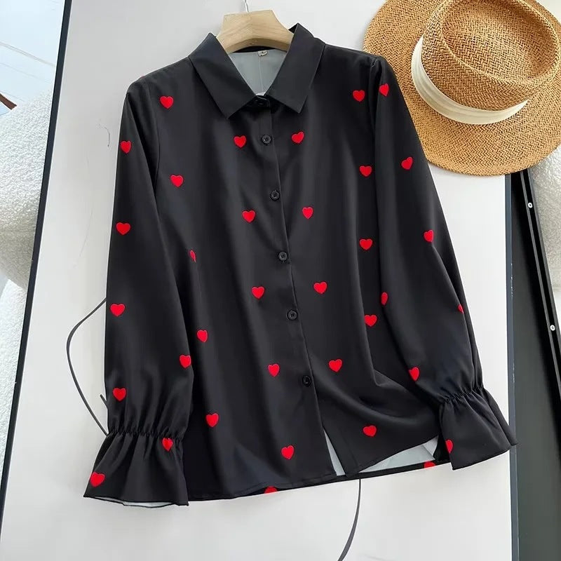 Women T-shirt Heart Printing Long Sleeve Shirt Loose Top
