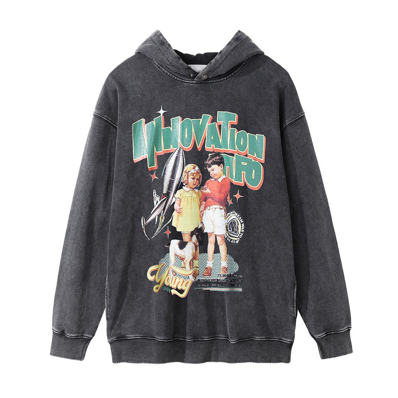 Men Hoodie Cartoon Print Hooded Pullover Hip Hop Loose Worn Washed and Worn Hoodie