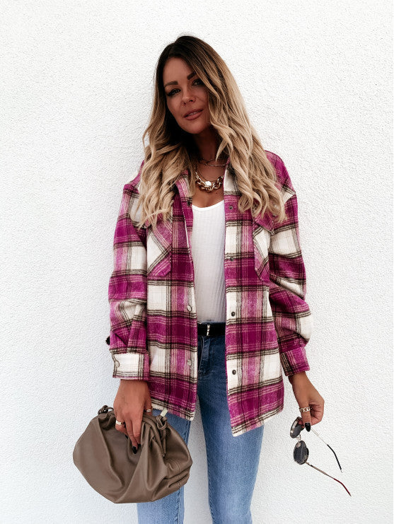 Plaid Trench Coat Autumn and Winter Long Sleeve Plaid Coat