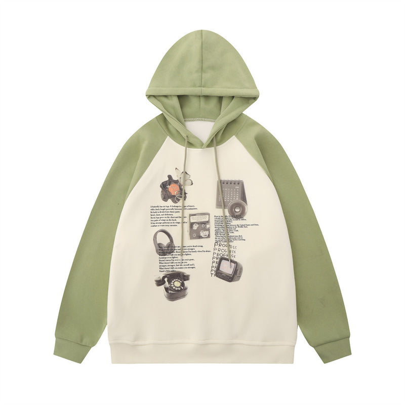 Men Hoodie Science Fiction Pattern Printed Sweater Men's Loose Casual Contrast Color Stitching Raglan Sleeve Hooded
