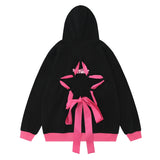 Men Hoodie Two-Way Zipper Hooded Jacket Five-Pointed Star Rope Bow Bandage Sweater