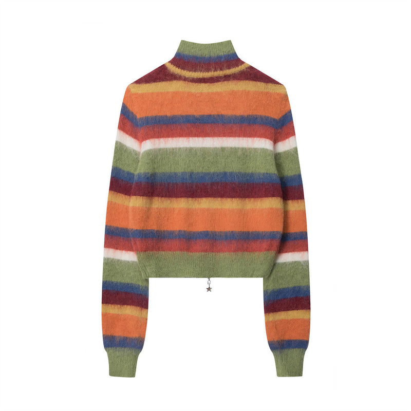 Women Sweater Colorful Striped Stand Collar Sweater Girls' Knitwear Autumn