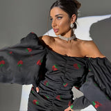 Women Desses Hip Skirt Strawberry Rhinestone Long Sleeve Slim Fit Dress