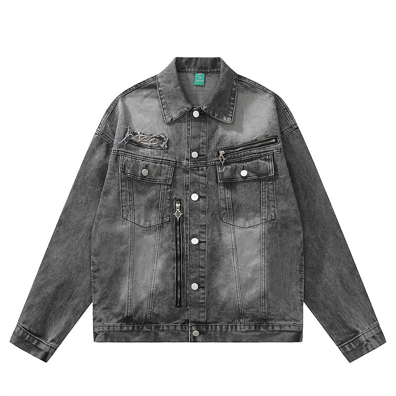 Men Denim Jacket Denim Coat Men's Clothing Spring and Autumn Loose Washed-out Distressed Jacket