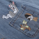 Men Long Sleeved T Shirt Embroidered Jerry and Tom Shirt Coat Men's Trendy Loose Washed-out Denim Long Sleeve