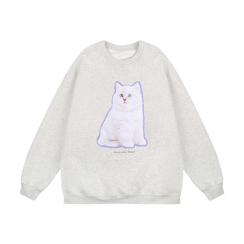 Men Hoodie Kitten Print Sweatshirt Autumn and Winter Loose Sweatshirt