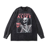 Men Long Sleeve Shirt Cartoon Printed Long-Sleeved T-shirt Men and Women Idle Style Vintage Distressed