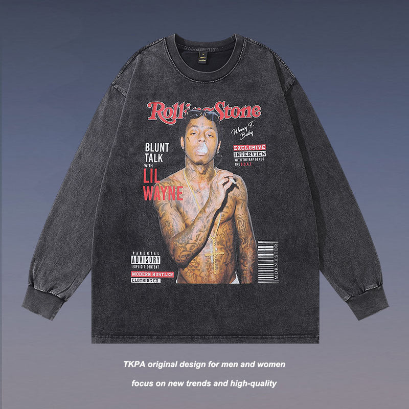 Men Long Sleeve Shirt Printed Distressed Long Sleeve T-shirt Men and Women Retro