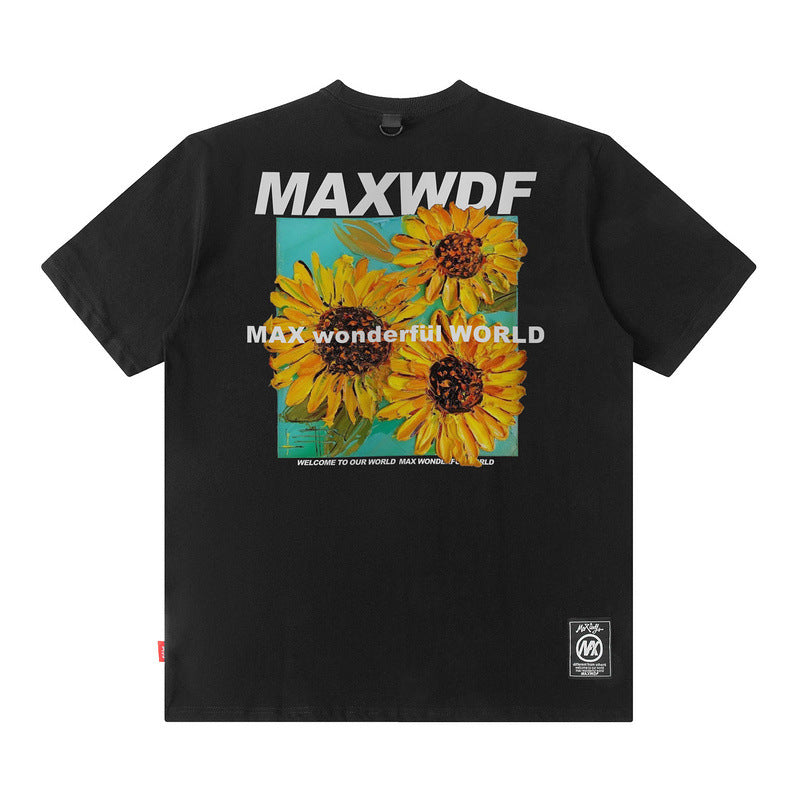 Men T Shirt Sunflower Oil Painting Printed Short-Sleeved T-shirt for Men and Women Couple