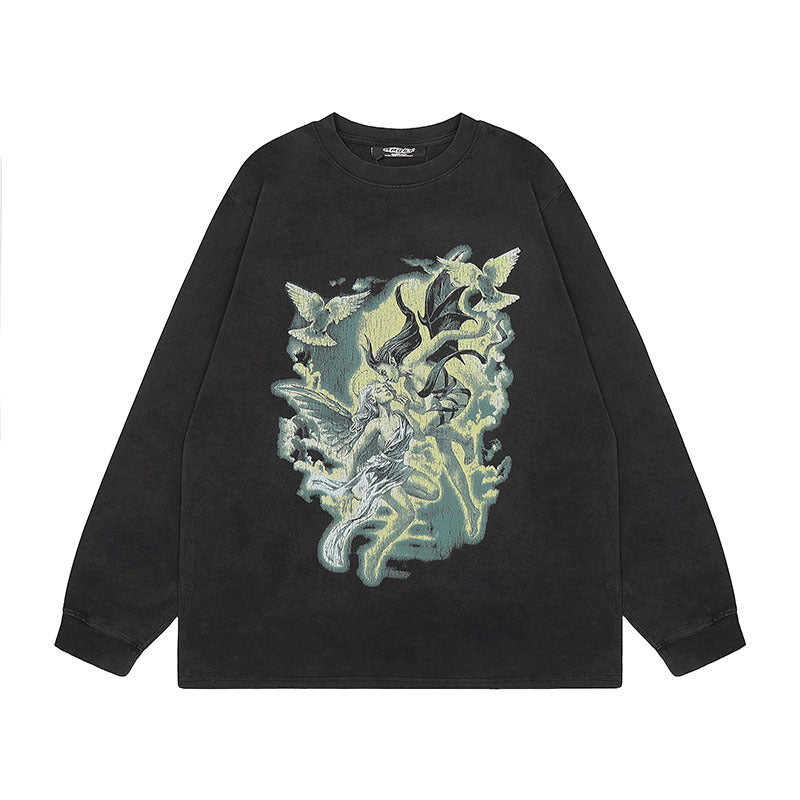 Men Long Sleeve Shirt Rock Print Washed Oversize Long Sleeve Bottoming T-shirt Men and Women Ins