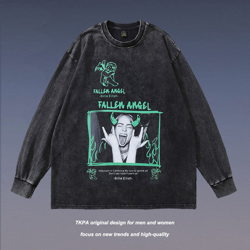 Men Long Sleeve Shirt Portrait Distressed Long Sleeve T-shirt Men and Women Oversize Couple