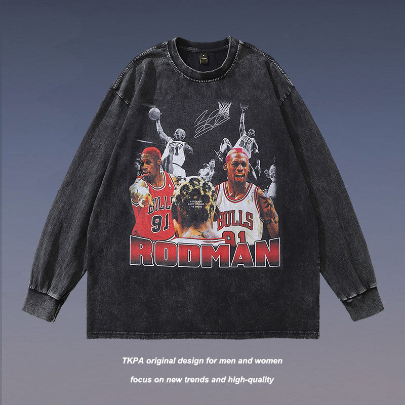 Men Long Sleeve Shirt Rodman Portrait Printing Washed Long Sleeve T-shirt Men's and Women's Vintage Bottoming Shirt Autumn