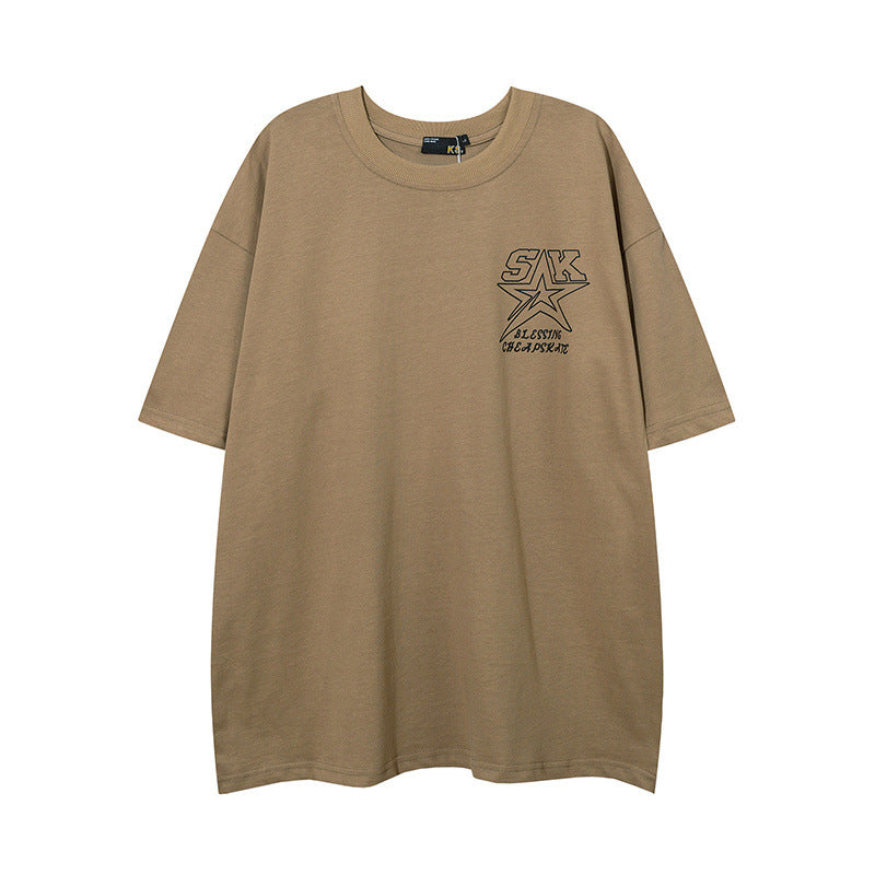 Men T Shirt Five-Pointed Star Letter Print Couple Half Sleeve T-shirt Vintage Distressed Short Sleeve