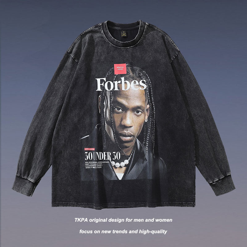Men Long Sleeve Shirt Printed Washed Long Sleeve Bottoming T-shirt for Men and Women