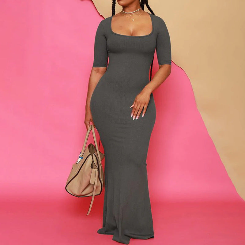 Women Dresses Square Collar Short Sleeve Long Dress