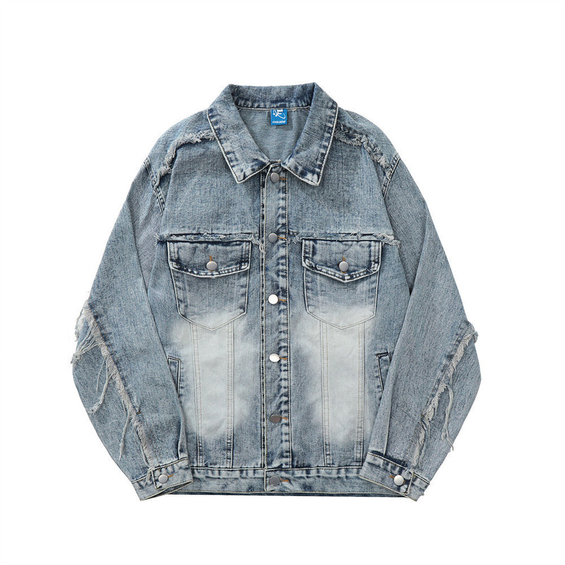 Men Denim Jacket Distressed Stitching Denim Jacket Men's Loose Pu Handsome Wash Jacket