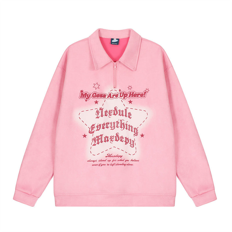 Men Hoodie Five-Pointed Star Printing Lapel Pullover Sweater Men