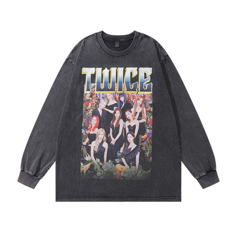 Men Long Sleeve Shirt Women's Team Portrait Printing Distressed Long Sleeve T-shirt Men and Women Retro