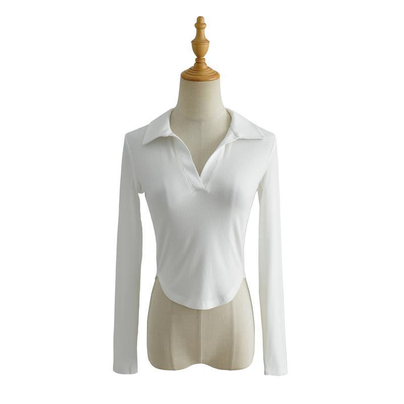 Women T-Shirt Autumn Stretch Threaded Long Sleeve T-shirt Short