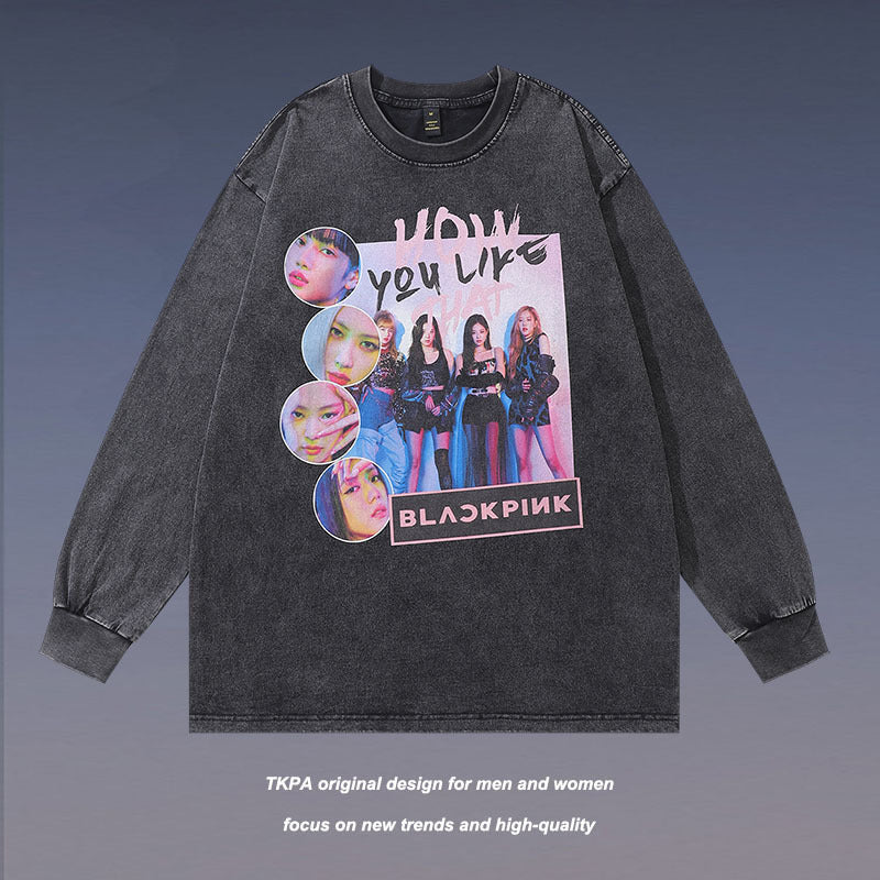 Men Long Sleeve Shirt Hip Hop Retro Washed and Worn Long Sleeve T-shirt Men's and Women's Tops Autumn