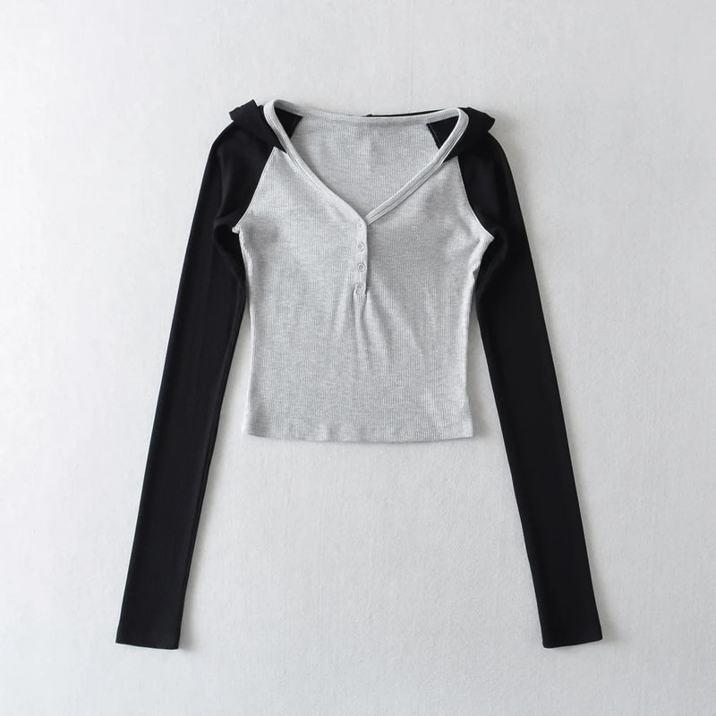 Women T-Shirt Hooded Ins Sports Top Short Stitching Sweater Women