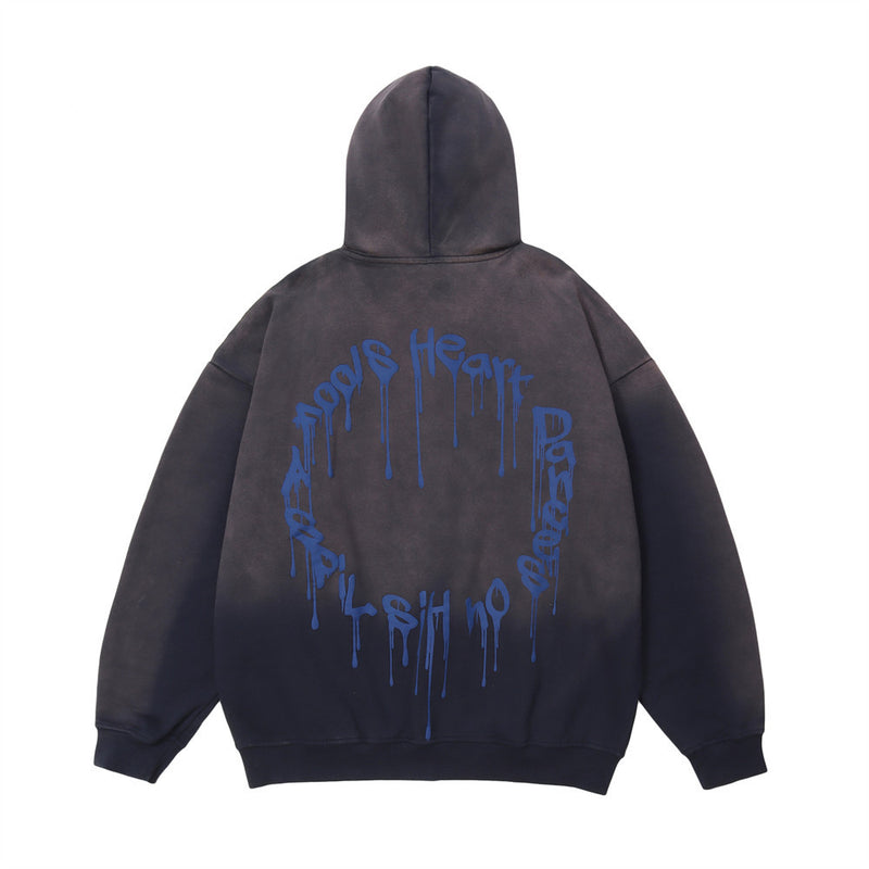 Men Hoodie Tie-Dye Gradient Hooded Coat Men's Autumn Letter Print Washed and Worn Cardigan Sweater