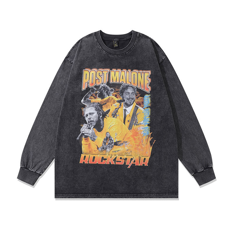Men Long Sleeve Shirt Rapper Portrait Printing Washed and Worn Long Sleeve Bottoming T-shirt Men and Women